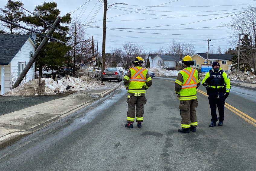 A male driver reportedly fled the scene on foot after striking and cracking off a utility pole in Mount Pearl early Friday afternoon.