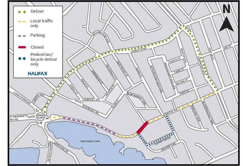 A map from Halifax Regional Municipality shows the new parking along Quinpool, along with other information associated with the road closure. - HRM graphic