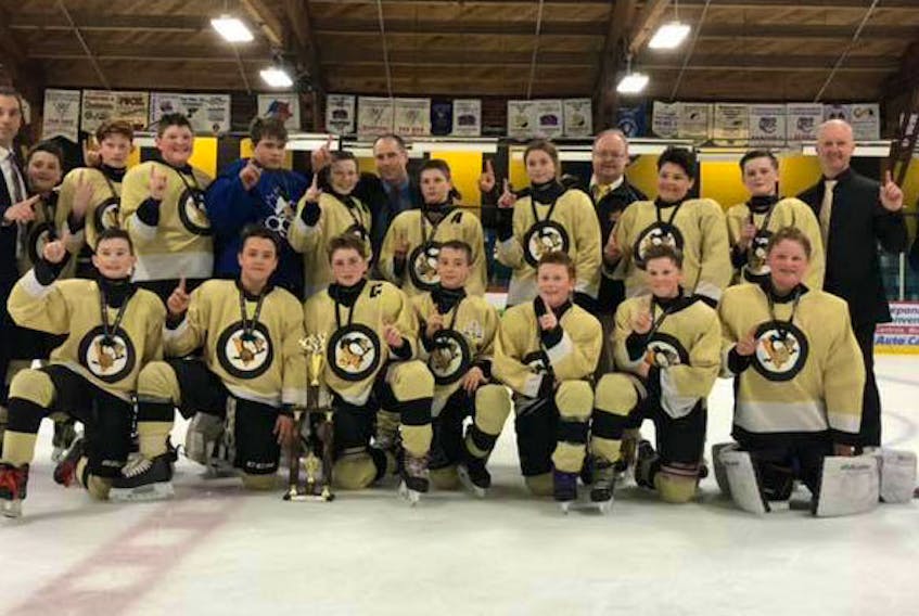 The Cumberland Penguins won the Atlantic Hockey Group’s Peewee Tier 2 championship in Memramcook, N.B. on May 19. Members of the team included: (front, from left) Brayden Brown, Chaz Lockhart, Kyler Edwards, Ben Davis, Tucker Legere, Lucas Hurley, Nick Frizzle, (back, from left) coach Grayson Ingraham, Cohen Ingraham, Connor Masters, Austin Dickie, Nathaniel Noiles, Avery Brown, coach Alex Brown, Nolan McNally, Cassie Black, coach Darrell Cole, Mandel Nickerson, Ryan Oderkirk, coach Mac Davis and coach Ty Ingraham. Missing is Chase Livingston.
