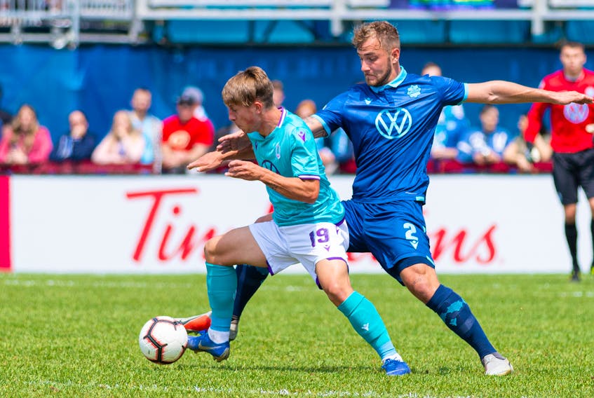 HFX Wanderers FC defender Peter Schaale challenges a Pacific FC player during a CPL game at the Wanderers Grounds. (TREVOR MACMILLAN/HFX Wanderers FC)