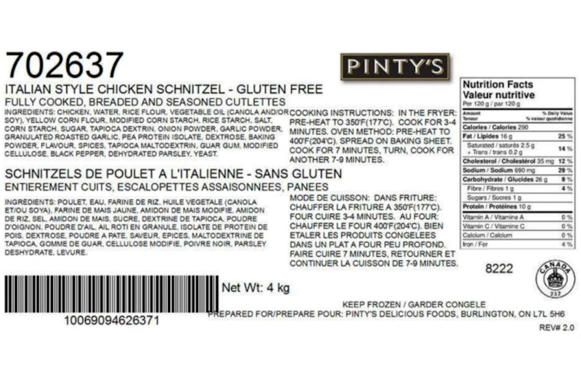 Pinty’s Delicious Foods Inc. is recalling Pinty’s Italian Style Chicken Schnitzel from the marketplace due to possible Listeria monocytogenes contamination.