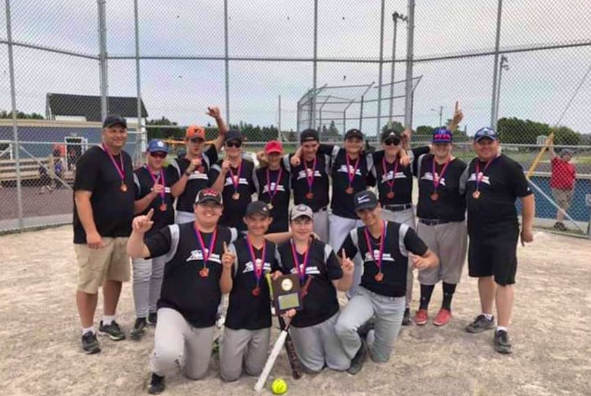 Members of the U16 softball team are, front row, from left, Jordan Pike, Morgan Colbourne, William Street, and Cody Drover; back row, from left, coach Sheldon Street, Zackery Warren, Matt Lefrense, Markus Horwood, Ryan Farrell, Dalton Bryan, Marcus Farrell, Nicholas Davis, Travis Mauger and coach Eric Davis. Mauger was named player of the game. CONTRIBUTED/THE GULF NEWS