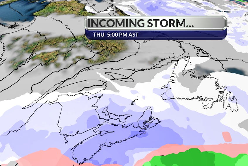 This computer model of Thursday's impending storm shows that at 5 p.m. the storm will cover all of Atlantic Canada with heavy snow.