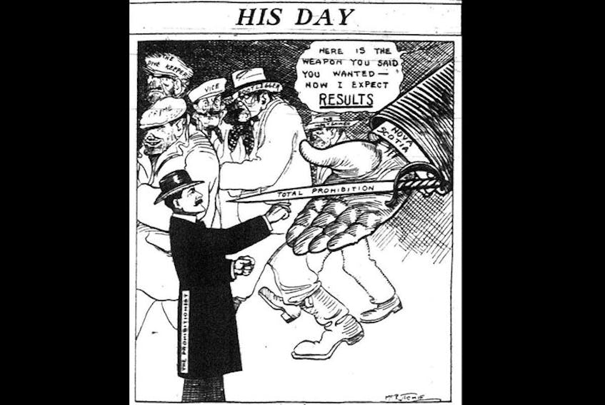 A 1921 Halifax Herald editorial cartoon on prohibition, by McRitchie.
