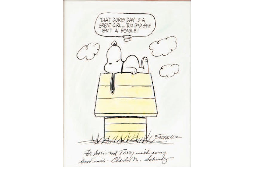 A Peanuts sketch drawn and inscribed to Doris Day and her son Terry by the artist, Charle Schultz. From the Julien's Auctions catalogue.
