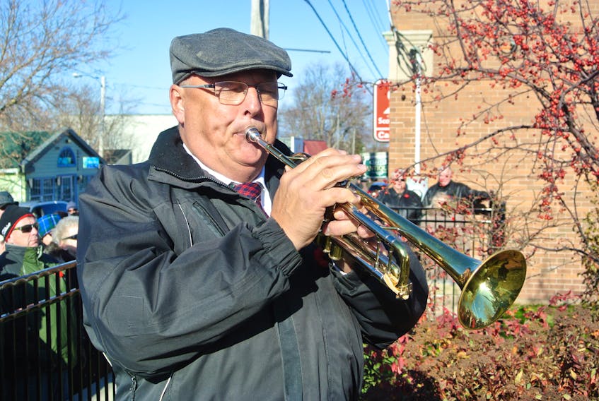 Trumpeter John MacDonald plays the Last Post during Remembrance Day ceremonies in Pugwash on Saturday.
