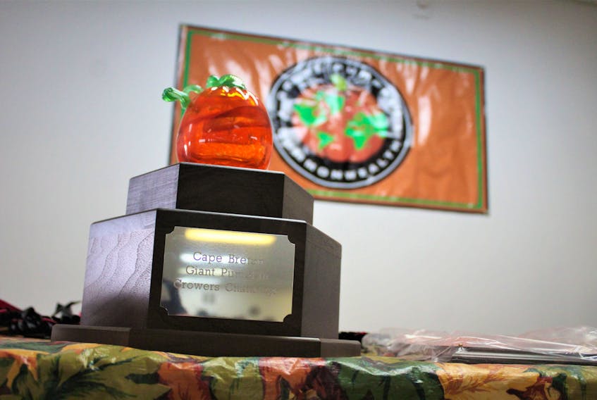 The coveted giant pumpkin trophy was on display inside the Millville Community Centre.