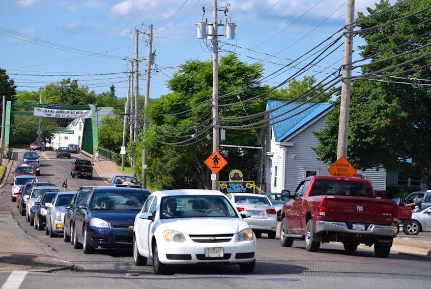 Traffic jams at morning rush hour are common on the intersection of Queen and Walker Streets in Truro, where road resurfacing is underway and some lanes have been closed by work crews. Here the road is pictured in the afternoon, by which time the work crews are finished for the day.