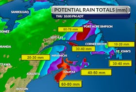 Predictions for rainfall expected from hurricane Teddy's in Atlantic Canada as of the afternoon of Monday, Sept. 21. - Cindy Day