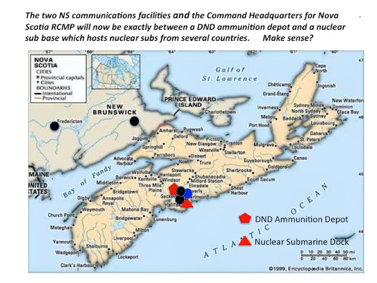 The above map shows the proximity of the RCMP headquarters in Dartmouth to a nearby munitions site and nuclear submarine base.