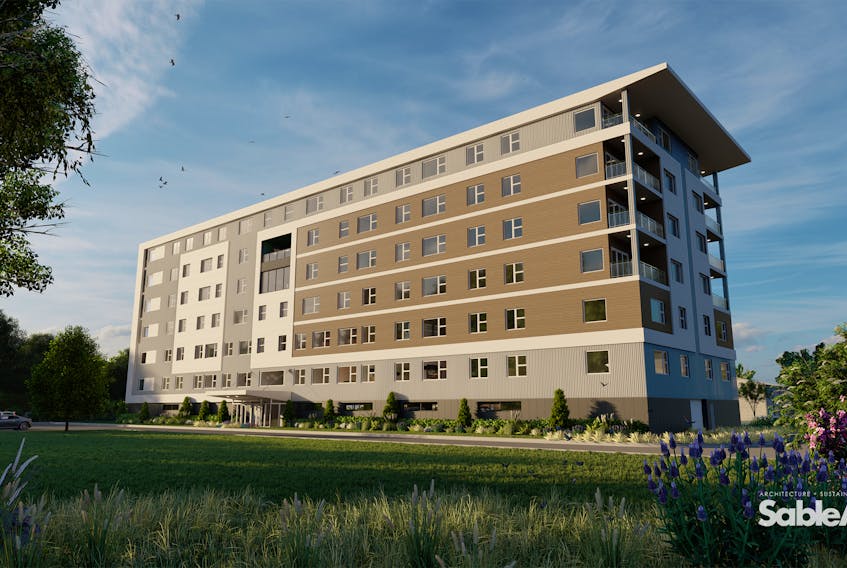 A rendering of the seven-storey, 70-unit apartment building being built in Summerside.