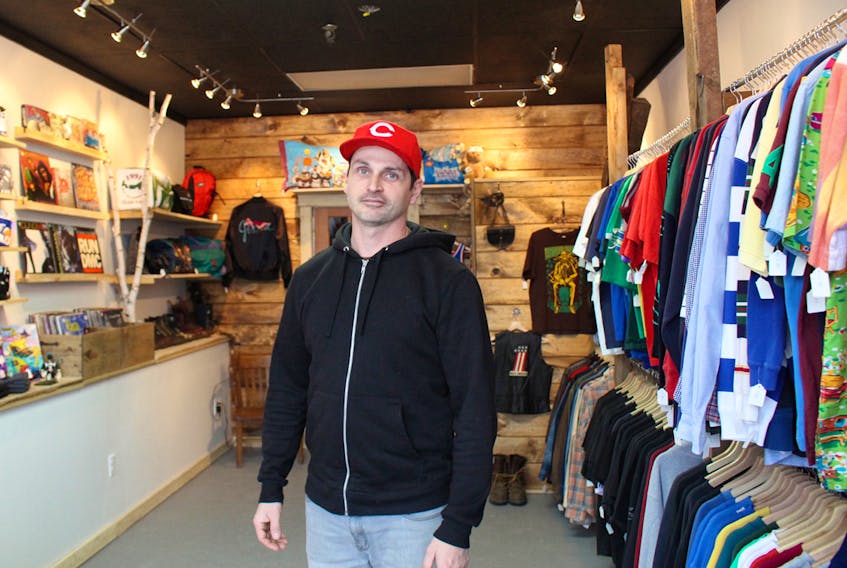Robbie Carruthers recently opened Tuck ‘N’ Roll Vintage Clothing in Summerside with his girlfriend Sam Stavert. The store features mainly 1980s and 1990s clothing, accessories and vinyl records.  MILLICENT MCKAY/JOURNAL PIONEER