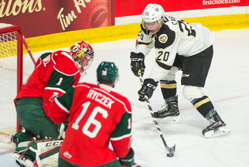 Charlottetown Islanders centre Thomas Casey takes a shot on Halifax Mooseheads goalie Alexis Gravel during Friday night’s QMJHL playoff game at the Scotiabank Centre. Ryan Taplin Photo
