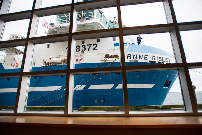 The Anne Risley is seen through windows prior to a ceremony for Clearwater Seafoods new clam vessel at Pier 21 in December.