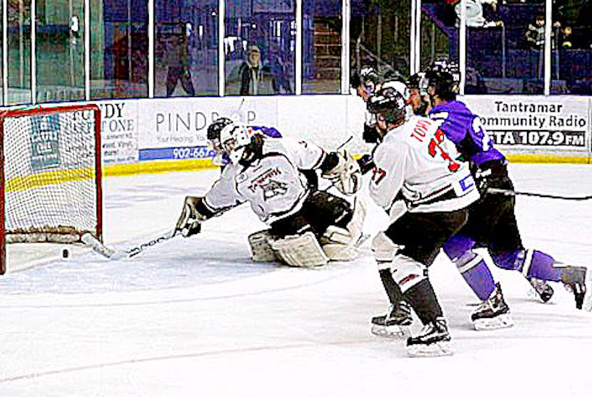 The Amherst CIBC Wood Gundy Ramblers defeated the Miramichi Timberwolves 5-2 in MHL action on Monday.