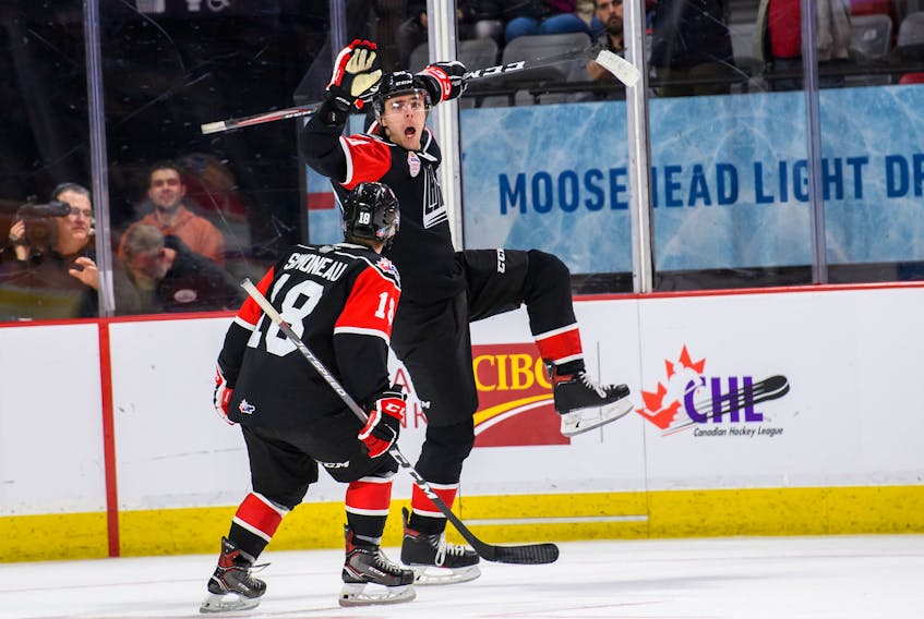 Halifax Mooseheads winger Raphael Lavoie celebrates his overtime winner with Xavier Simoneau in Team QMJHL's 4-3 victory over Russia in Moncton on Tuesday, Oct. 5, 2019. (Vincent Ethier/QMJHL)