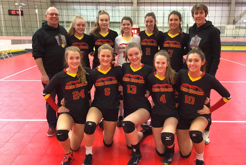 The Red Rock Volleyball Club’s under-17 women’s team is preparing for the nationals in Edmonton in mid-May. Team members, front row, from left are Anna Herget, Abby Hyndman, Emma MacKenzie, Morgan White and Sarah Inman. Second row, coach Randy Goodman, Clarie Davis, Bryn MacDonald, Faith Reeves, Amanda MacBain, Mary Lowther and coach Lynn Boudreau.