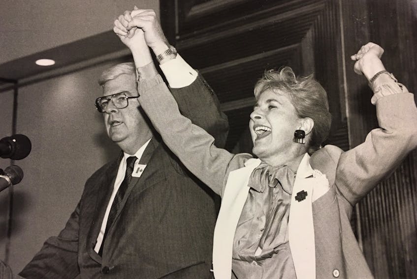John Crosbie and his wife, Jane, celebrate Crosbie's win in the federal district of St. John’s West in 1988. TELEGRAM FILE PHOTO