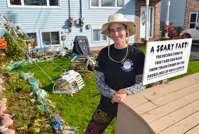 Angela Riley of Eastern Passage makes it her business to clean up garbage that washes up on Nova Scotia's shores. This year, she has created a Halloween display in her front yard made entirely of trash she picked up.