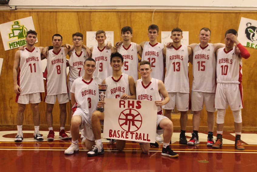 The Riverview Royals boys basketball team are pictured following the championship game of the Cape Breton High School Varsity Basketball Tip Off Tournament last weekend. The team defeated the Sydney Academy Wildcats 90-69 in the championship game. Front row, from left, Anthony Lecky, Coby Tunnicliff, and Braeden Redshaw. Back row, from left, Dylan Quirk, Ben MacDonald, Mykah Hill, Gareth MacKinnon, Nolan Skinner, Mitchell Mersereau, Josh Crocker, Corson O'Rourke, and Cameron MacKay. Missing from the photo were coaches David Ogbuah and Liam Shaw. PHOTO/Rob Redshaw