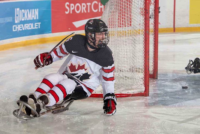 Canada's Rob Armstrong celebrates his goal against Russia in Thursday's semifinal round of the 2019 Canadian Para Hockey Cup at the Paradise Double Ice Complex.