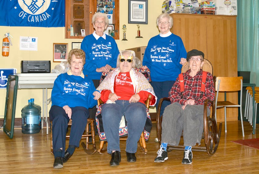 Participants in the 2019 Kidney Foundation Rock-a-thon will include: front, from left) Donna Gogan, Eleanor Harroun, Marj Bent, (back, from left) Marilyn Maddison, and Doris Gilroy.