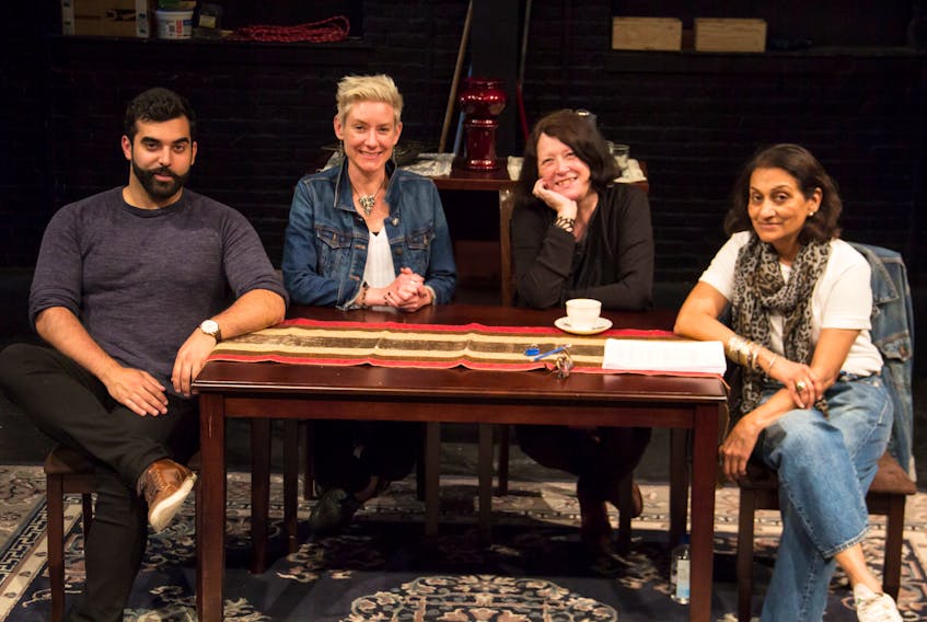 Ronica Sajnani (right) is pictured with her A Brimful of Asha co-star Matt Lacas as well as stage manager Ingrid Risk and director Linda Moore, as they prepare for the play which opens July 17 and runs until Aug. 2.