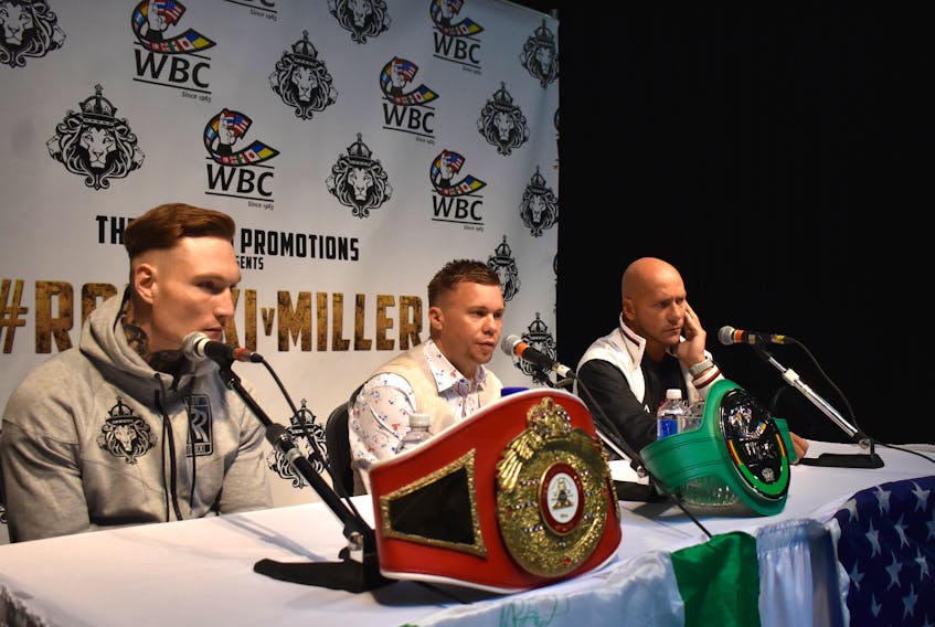 Ryan Rozicki, left, and Shawn Miller, right, are shown during a press conference at Centre 200 on Wednesday with Three Lions Promotions managing director Daniel Otter. Rozicki and Miller will be the main event for the All or Nothing boxing card, scheduled for Saturday at the Sydney venue. The fight will be for the WBC International Silver cruiserweight championship. Doors open for the fight card at 6 p.m. with the fights beginning at 7 p.m.