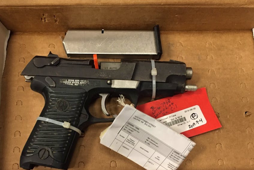 This Ruger .45-calibre, semi-automatic pistol was recovered by police after a shooting on Dresden Row in downtown Halifax in August 2019. The gun was entered into evidence Friday at the trial for two men charged with attempted murder.