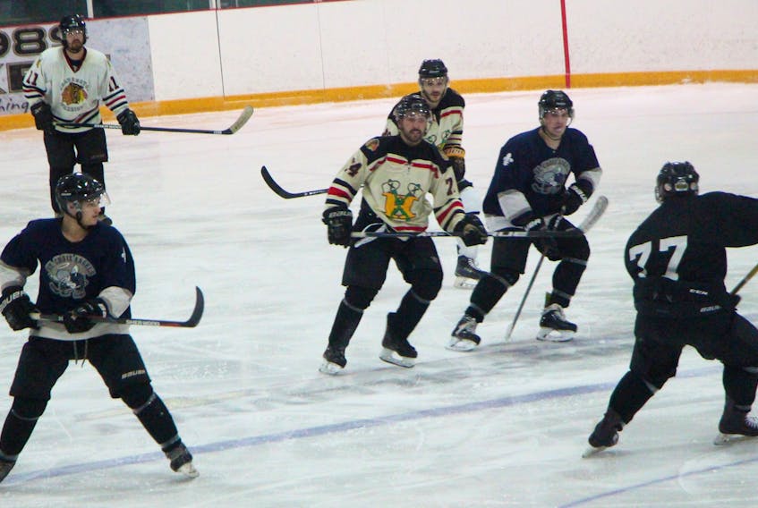 The Heatherton Warriors (light jersey) finished first in Rural League regular season action for 2018-19 and will take on the fourth-place County Outlaws in the opening round of playoffs which start tomorrow evening at the Antigonish Arena.