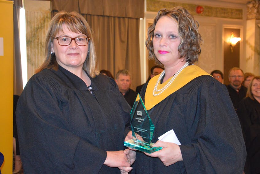 Janice Moulton, left, campus director at College of the North Atlantic in Burin, presented Corrina Smith with her Valedictorian Award.