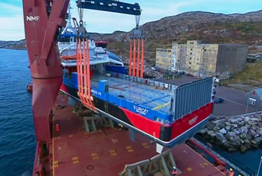A screen shot from the unloading of the Suroit, one of the two new ferries for the islands of St-Pierre-et-Miquelon. The unloading was broadcast live on Facebook by Saint-Pierre & Miquelon 1ère. - Facebook