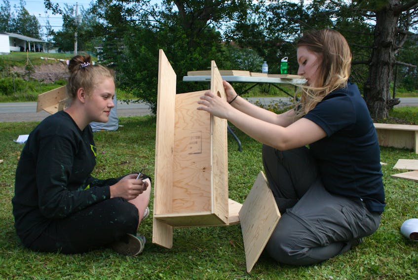 Green Team member Faith Hollett, left, and Sarah Wilkins, a summer student with Ducks Unlimited Canada, work on a nesting box.