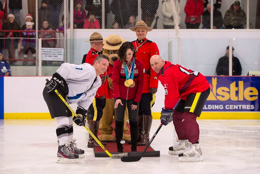 Burin Peninsula RCMP faced-off against Eastern Health at the annual RCMP Charity Hockey Game, held April 13 at the Kaetlyn Osmond Arena in Marystown. Kaetlyn Osmond dropped the ceremonial puck to kick-off the event.