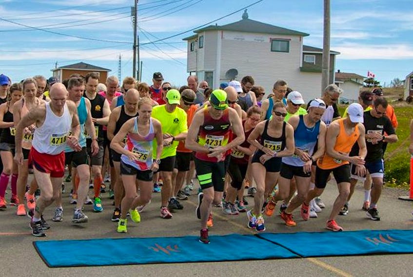 Runners lined up for the start of the VOCM 740 Garnish-Frenchman’s Cove 10-kilometre Road Race. - Submitted photo by Jennifer Brushett