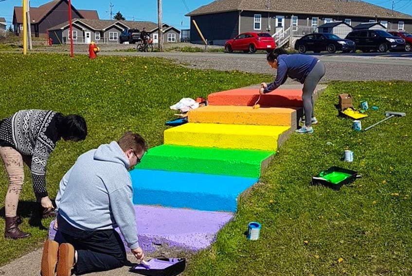 Members of the student council at John Burke High in Grand Bank, along with the school’s guidance counselor and assistant principal painted a stairwell on the school property rainbow on Monday, June 4.