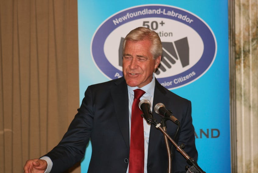 Premier Dwight Ball delivers a lighthearted address at the Newfoundland and Labrador 50+ Federation's convention in Marystown on Thursday, Sept. 13.