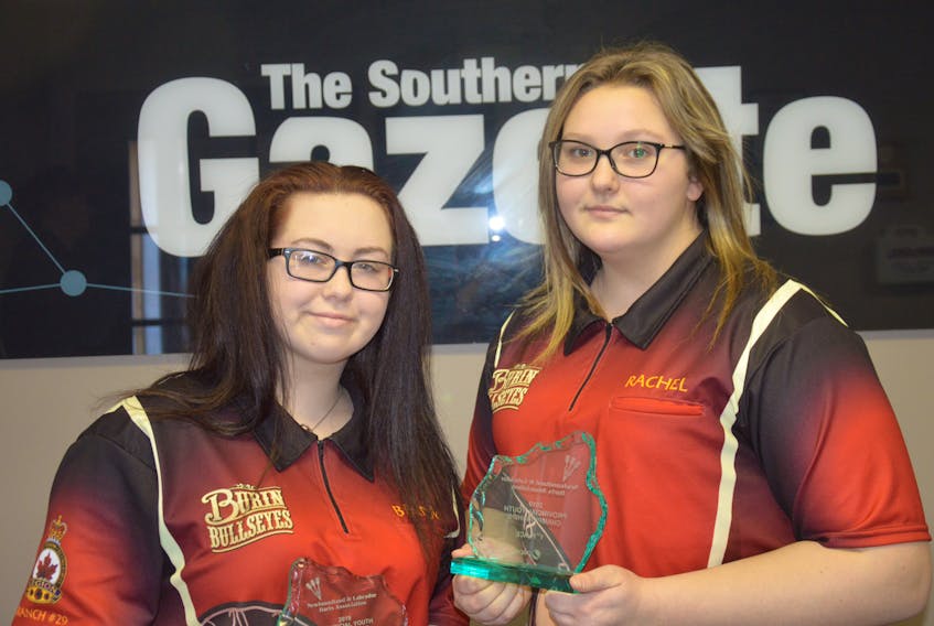Brandy Clarke, left, and Rachel Hollett were the top two finishers in the junior girls division at a provincial dart tournament held in Gander March 8 to 10.