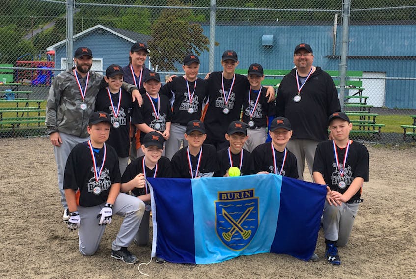 Burin Eagles U12 Softball team were also representing their home town for the first time in almost 20 years at the provincial tournament, the team faced off against Marystown in the Championship finishing with a silver medal. Front (left to right) are: Jack Myles, Owen Billard, Jaxson McLaughlin, Lucas Power, Joel Loughlin, and Landon Drake; back row: Coach Steve Foote, Lucas Foote, Coach Myrna Broydell, Logan Hiscock, Matthew Hollett, Jack Kavanaugh, Dawson Drake, and Head Coach Danny Loughlin. Ryder Broydell is also a member of the team.