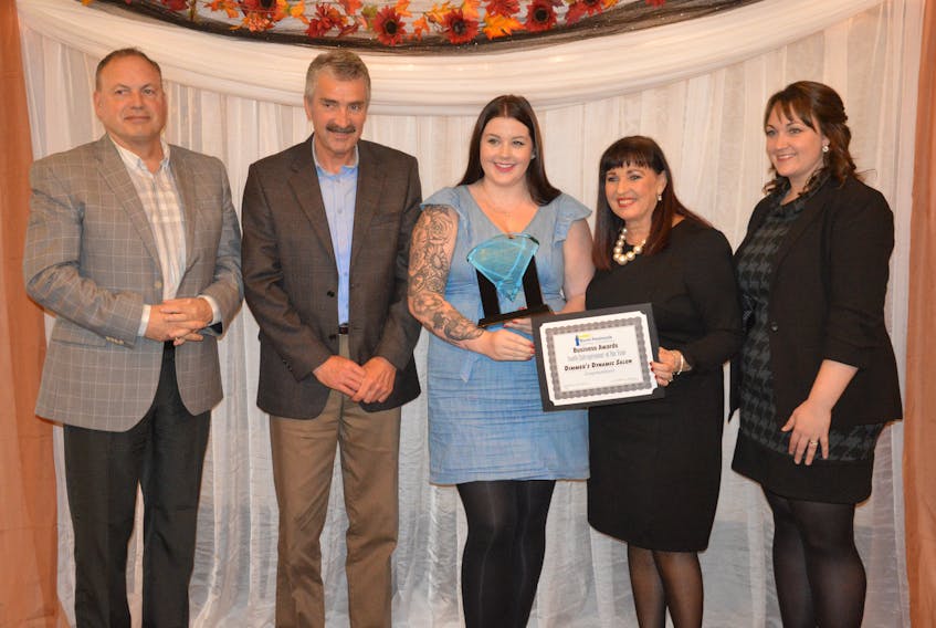 Jenna Dimmer, owner of Dimmer’s Dynamic Salon, received the Youth Entrepreneur award at this year’s annual business awards. Pictured (l-r) Paul Pike, Keith Osmond, Jenna Dimmer, Loretta Lewis and Shauna Billard. Colin Farrell/ The Southern Gazette