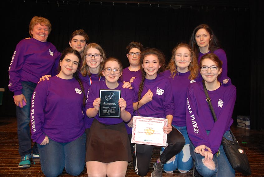 The drama troupe from Holy Name of Mary Academy in Lawn proudly show off their award from the Burin Peninsula Regional Drama Festival held last week. The troupe captured first place at the event. Front: Jessica Hodge, Jenna Hennebury, Kellee Strang, Kennedy Tarrant, Brooklyn Walsh and Bethany Lambert. Back: Anna Hennebury (director), Nathan Edwards, Nevin Edwards and Melanie Perry (director). Missing from photo: Jake Roul, Darcy Edward and Riley Flannigan.