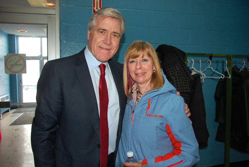Valerie Peach (right) and Dwight Ball stop for a chat following the announcement in Grand Bank. Colin Farrell/ The Southern Gazette