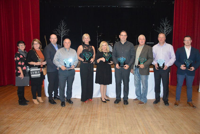 The Burin Peninsula Chamber of Commerce honoured its members during their annual business awards ceremony held on Wednesday, Oct. 23 at St. Gabriel's Hall in Marystown, 8 business were honoured.
Pictured (L-R) Laurella Stacey, Lisa Loder-St. Lawrence Historical, Belfor Marystown,Melvie Moulton-Just For You Day Spa, Loretta Lewis-Keyin College,Phonse Stacey-Marystown Auto Glass & Graphics/Peninsula Artic Cat,Neil Lake-Lake's Auto Service Ltd., and Josh Parsons-Marystown School of Music.-COLIN FARRELL/THE SOUTHERN GAZETTE