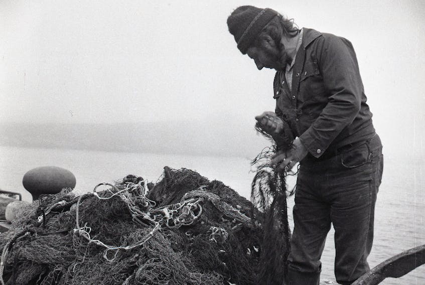 Julian Hodge of Lord’s Cove on the Burin Peninsula checks over all that remains of two cod-traps which he owned in 1973. The 26-year-old fisherman had both, valued at $8,000, destroyed by a storm that struck the area June 17-18 of that year. His trap skiff was also heavily damaged in the same storm when it was swept upon the beach by heavy seas.