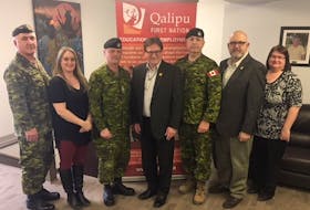 Members of the Canadian Armed Forces recently presented information on the Black Bear program at the Qalipu office in Corner Brook. Pictured (left to right) are Maj. Mark Felix, employment coordinator Vickie MacDonald, Chief Warrant Officer Thomas Holland, Chief Brendan Mitchell, LCol Errol MacEachern, band manager Keith Goulding and team lead client service officer Shelly Garnier.
