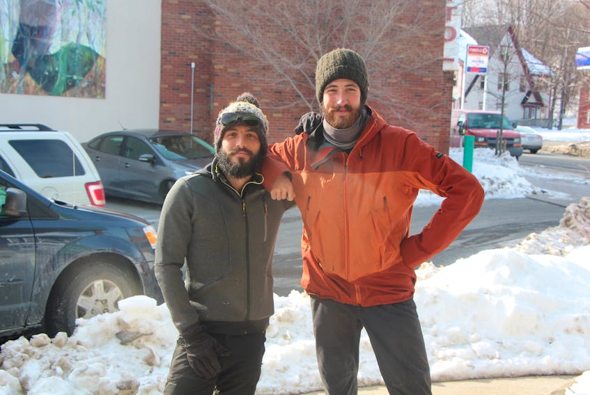 Maxime Berthouqueau and Rémi Cayot, two hikers from France who are in the process of a pan-Canadian hike. Along the Great Trail. The pair made a stop in Antigonish after crossing the entirety of Newfoundland and most of Cape Breton on foot.