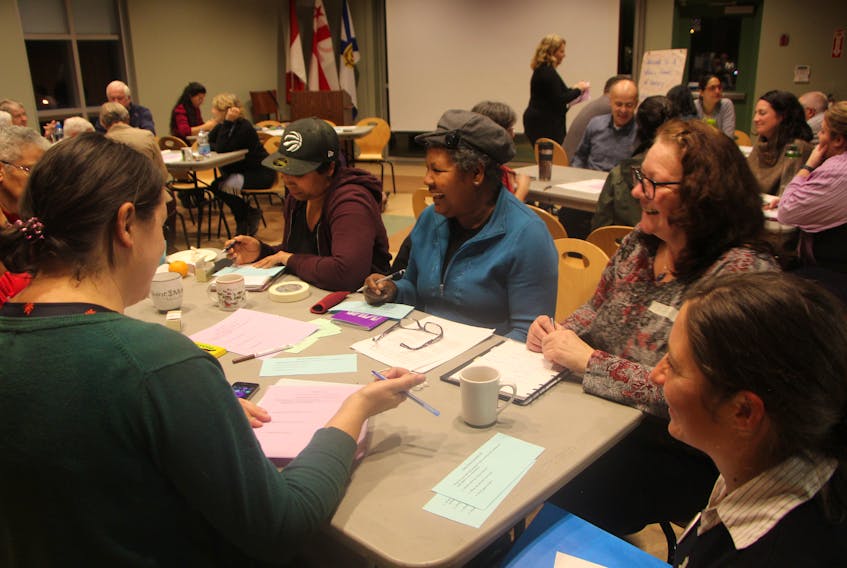 Residents of the Antigonish area, discussing factors that contribute to poverty in the region, at a past People's School on Poverty session in 2018.