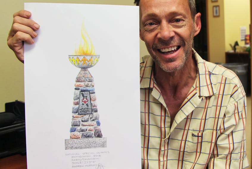 Designer Andrew Murray holds up a sketch of the finished look for the cairn and cauldron being created for the Special Olympics Canada 2018 Summer Games. Richard MacKenzie