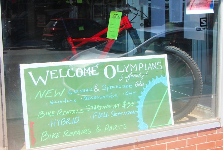 This sign outside from Highland Bike Shop is similar to other around Antigonish; welcoming visitors in town for the Games.