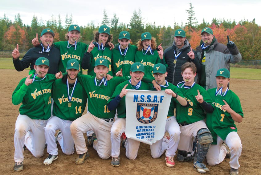 The ARHS Vikings won the NSSAF Division 2 baseball championship on Oct. 14 with a 5-2 win over Par-en-Bas from Yarmouth. Members of the team include: (front, from left) Jackson Comeau, Aaron Sjanic, Brady Crowe, Cal Hoeg, Michael Farrell, Cole Stevens, Graden Chitty, (back, from left) assistant coach Matt Chitty, Jayden Matheson, Jake Adams, Isaac VanSnick, Declan LeBlanc, assistant coach Jeff Hoeg and coach Darren Collins.